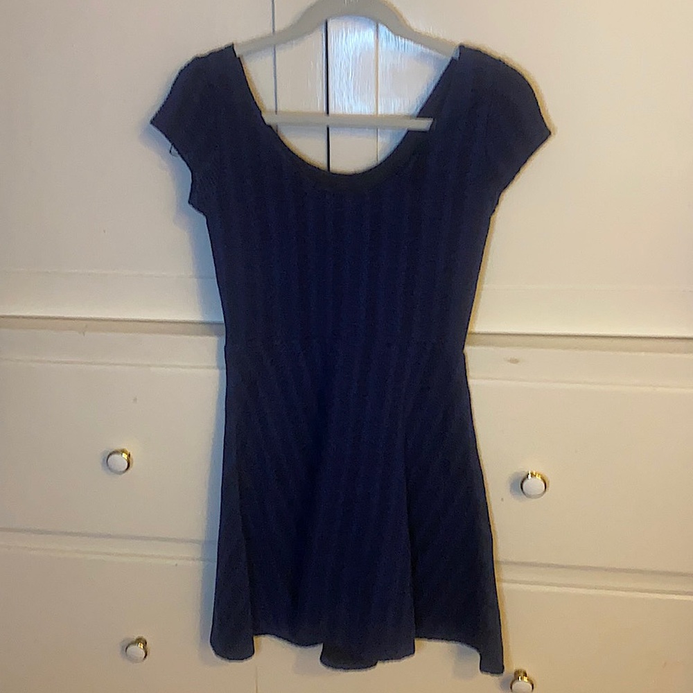 black and blue fit and flare dress